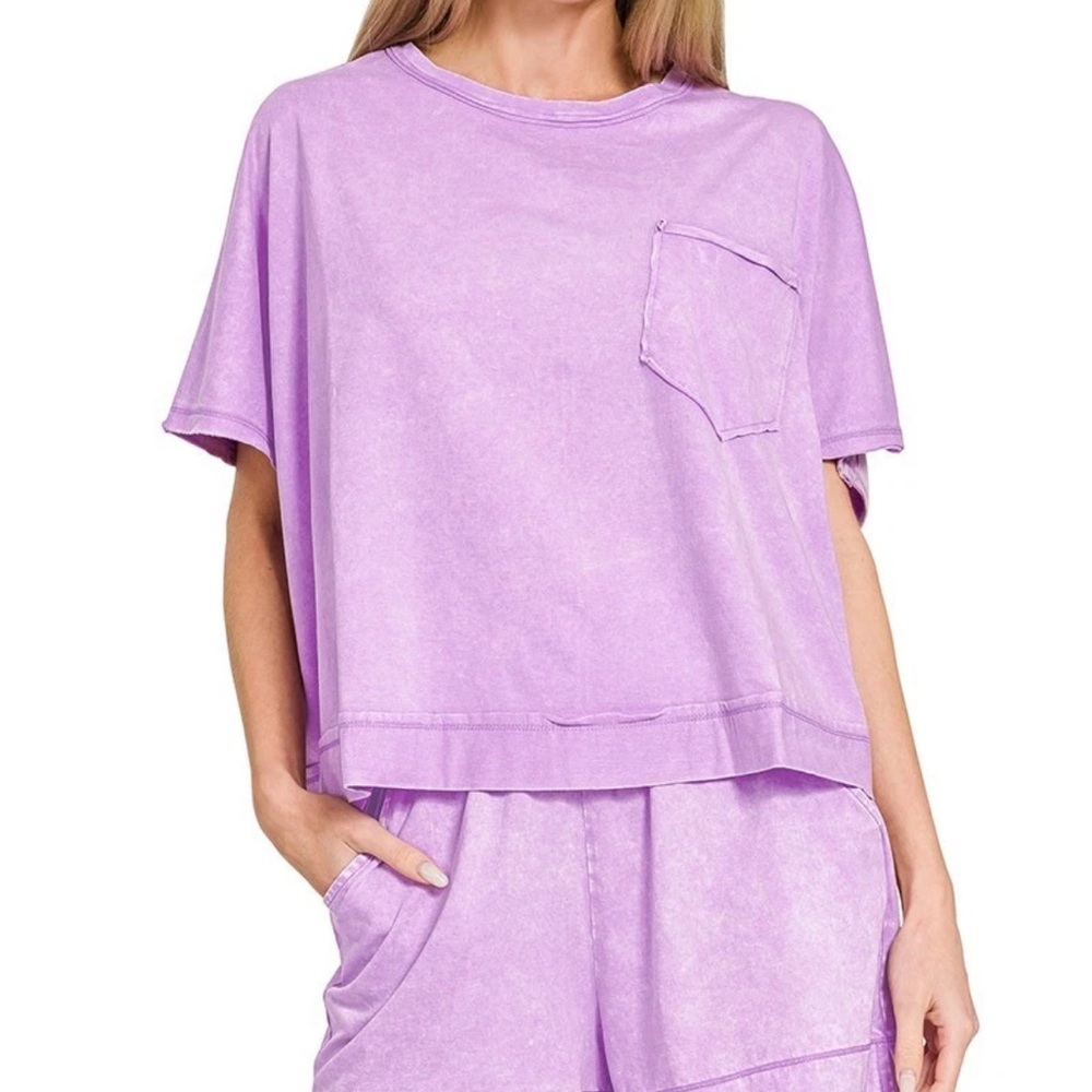 NWOT Zenana Outfitters Washed Lilac Boxy Pocket Tee Short Set